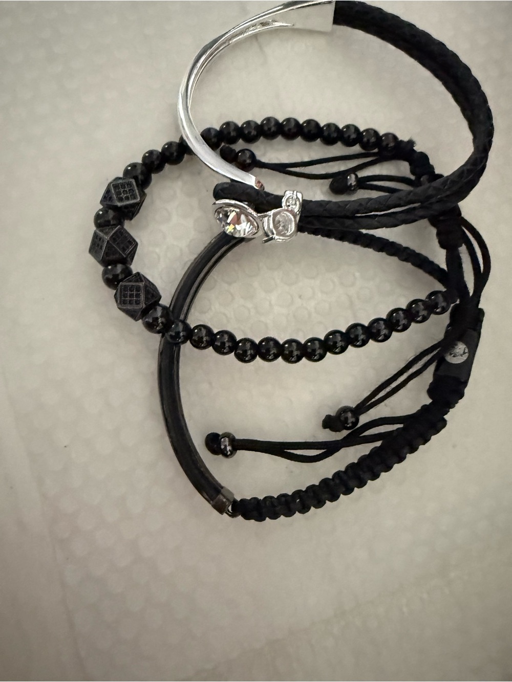 Black Layered Women's Bracelet Set with Mixed Textures